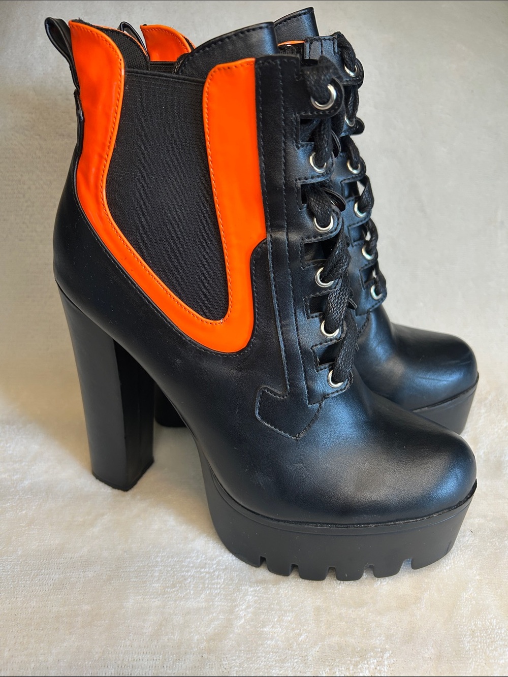 Black Orange Neoprene Chunky Platform Combat Ankle Boots Block Heel Women 8.5